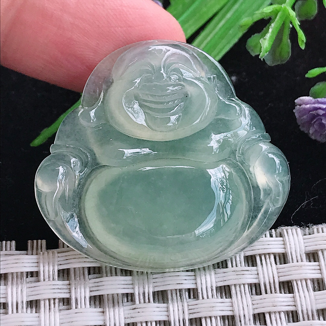 实拍A货翡翠31/34.2/6老坑冰透起胶冰晴绿佛公吊坠翡翠玉挂件