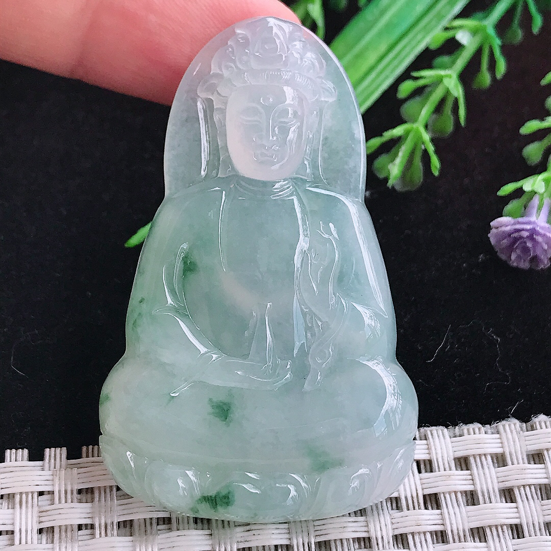 实拍A货翡翠54.6/34.2/6.5老坑冰透果冻胶冰飘花素衣观音吊坠翡翠玉挂件