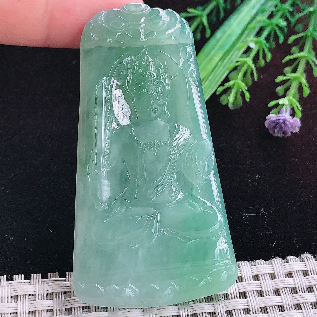 实拍A货翡翠71.5/38.5/5.5老坑冰胶冰晴满绿不动明王吊坠翡翠玉挂件