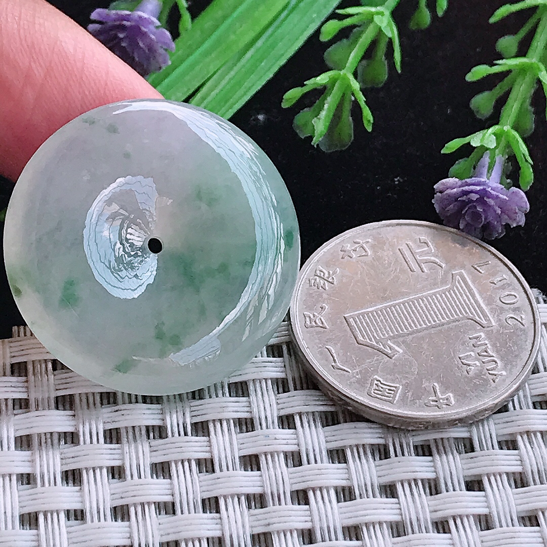 实拍A货翡翠28.7/5.7老坑冰胶飘花平安扣吊坠翡翠玉扣挂件