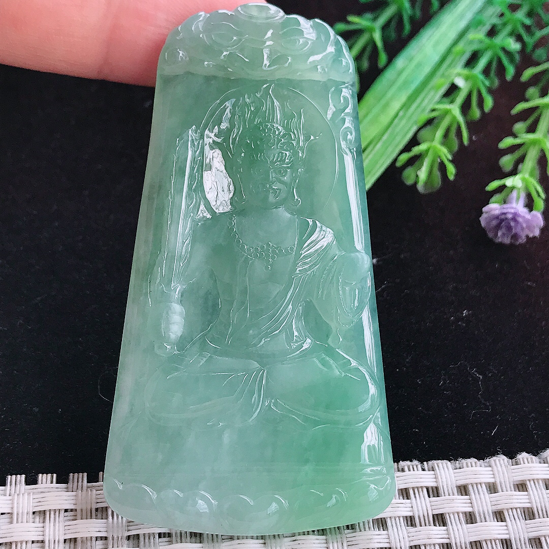 实拍A货翡翠71.5/38.5/5.5老坑冰胶冰晴满绿不动明王吊坠翡翠玉挂件