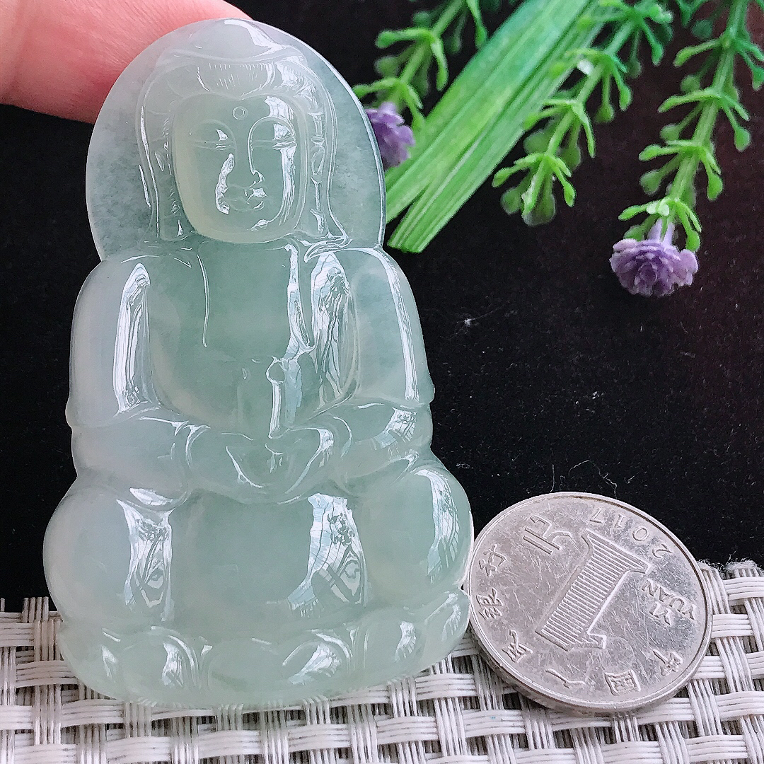 实拍A货翡翠66.6/40.5/6老坑冰润冰晴正装观音吊坠翡翠玉挂件