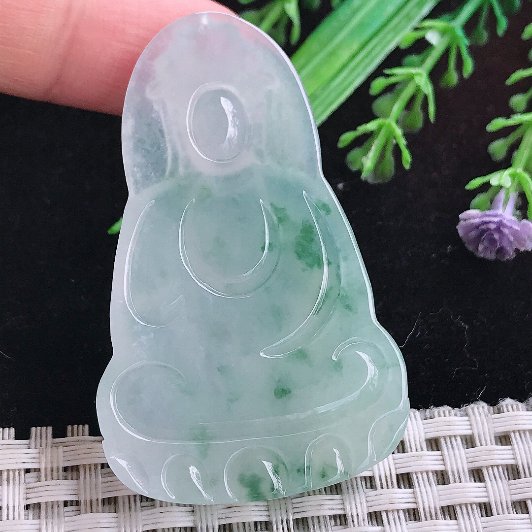 实拍A货翡翠54.6/34.2/6.5老坑冰透果冻胶冰飘花素衣观音吊坠翡翠玉挂件