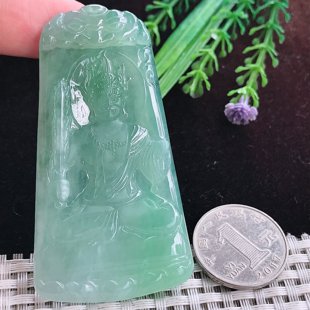 实拍A货翡翠71.5/38.5/5.5老坑冰胶冰晴满绿不动明王吊坠翡翠玉挂件