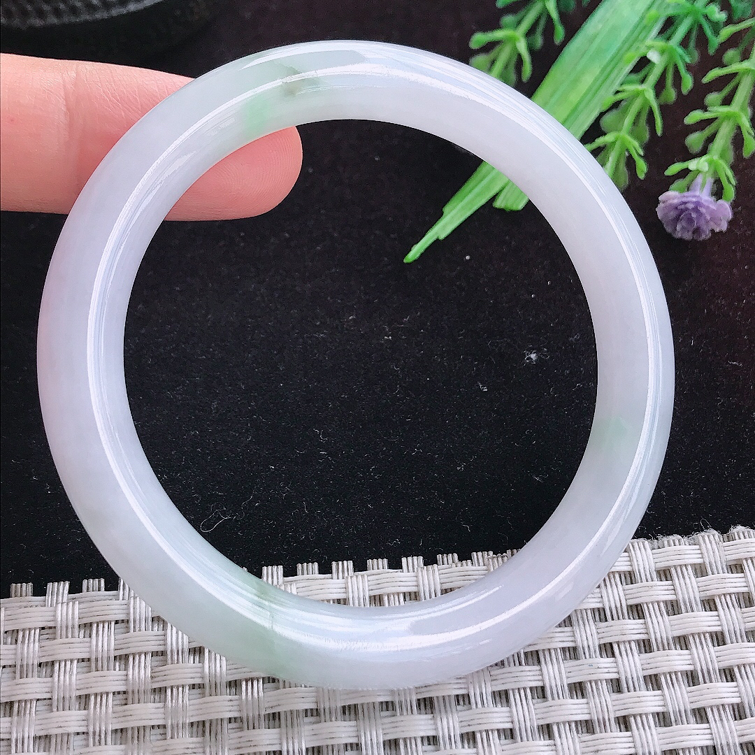 实拍A货翡翠54/9/8.6老坑冰润起胶飘花圆条手镯平安镯百搭