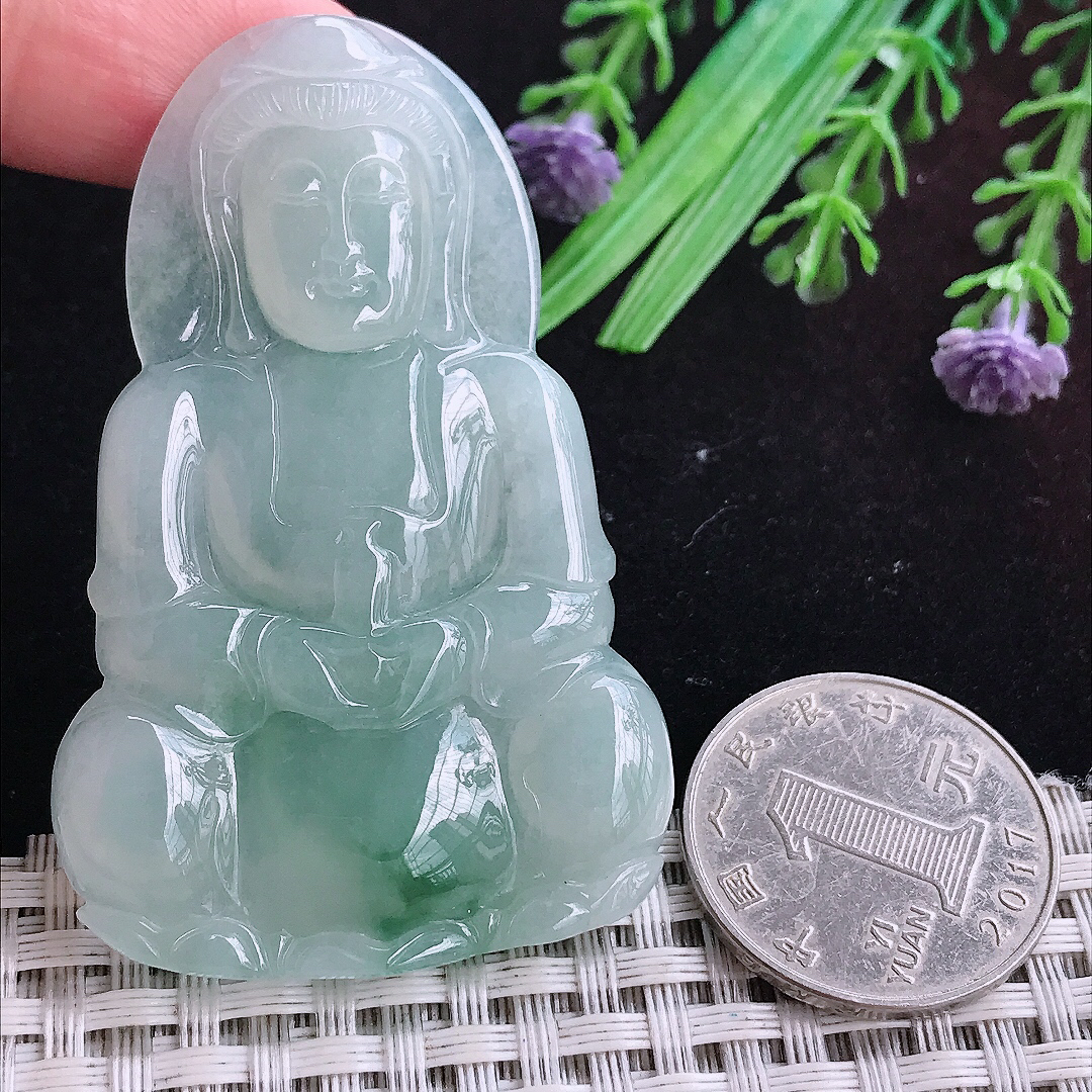 实拍A货翡翠61.5/39/5.6老坑冰润起胶晴底赐福观音吊坠翡翠玉挂件