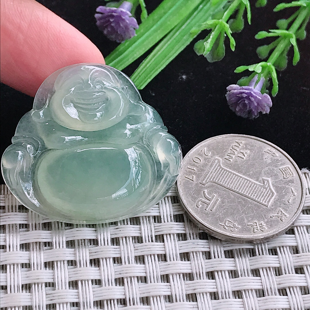 实拍A货翡翠31/34.2/6老坑冰透起胶冰晴绿佛公吊坠翡翠玉挂件
