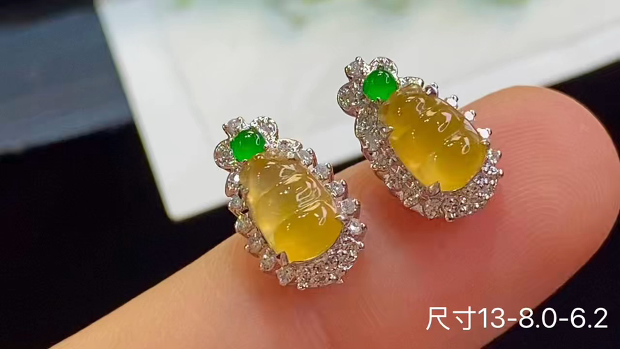 18k金+钻玻璃种福豆耳钉，无裂，13-8.0-6.2