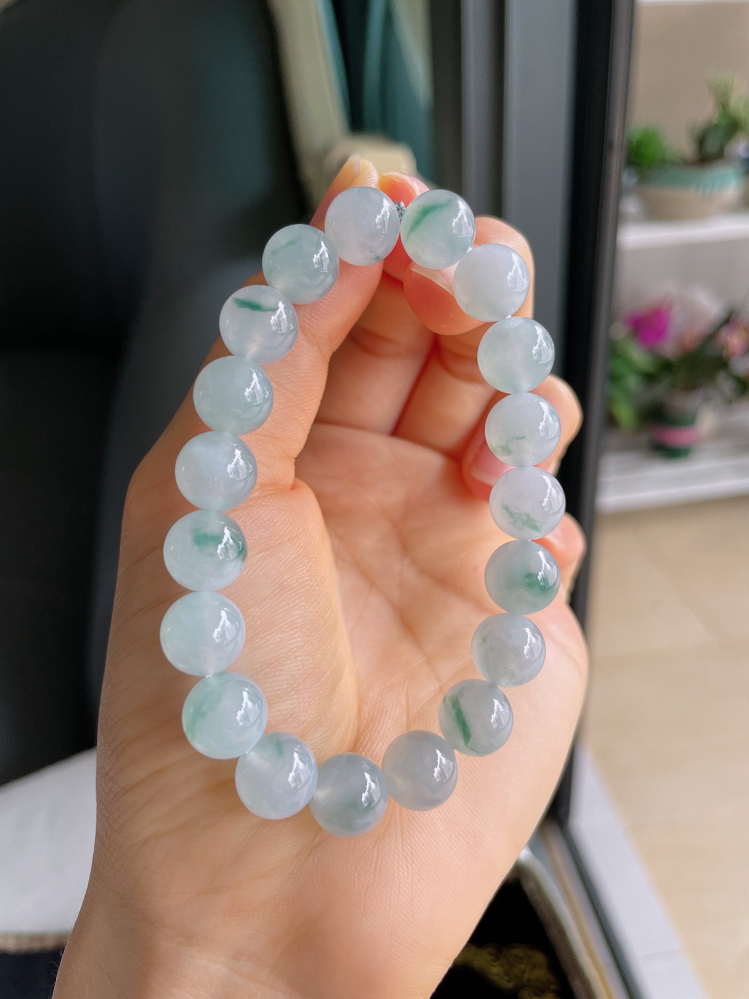 缅甸天然翡翠A货，冰种飘花手链，尺寸：10mm。【编4185】