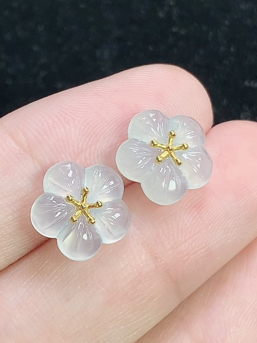 18k金镶花开富贵耳钉，无裂，尺寸11.2*2.6mm，D09sag
