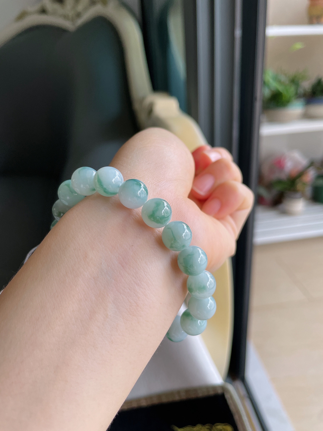 ️，缅甸天然翡翠A货，冰飘花手串，尺寸：10mm。【编4316】