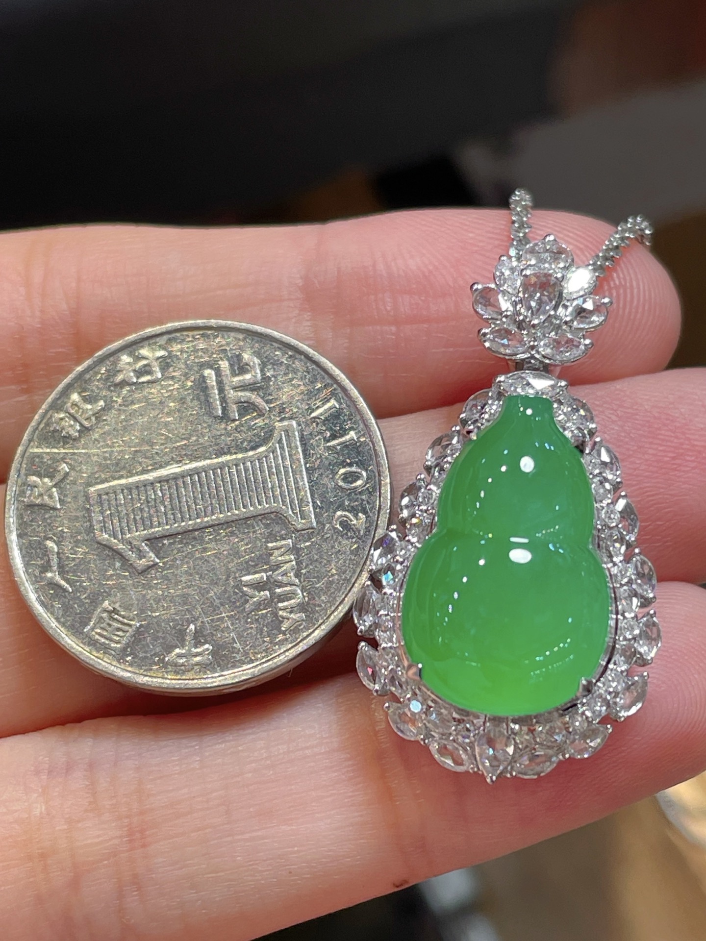 ️性比高阳绿翡翠葫芦吊坠，满色，料子水润通透，种老起光。18k金镶嵌，非常时尚好看，34-18.5