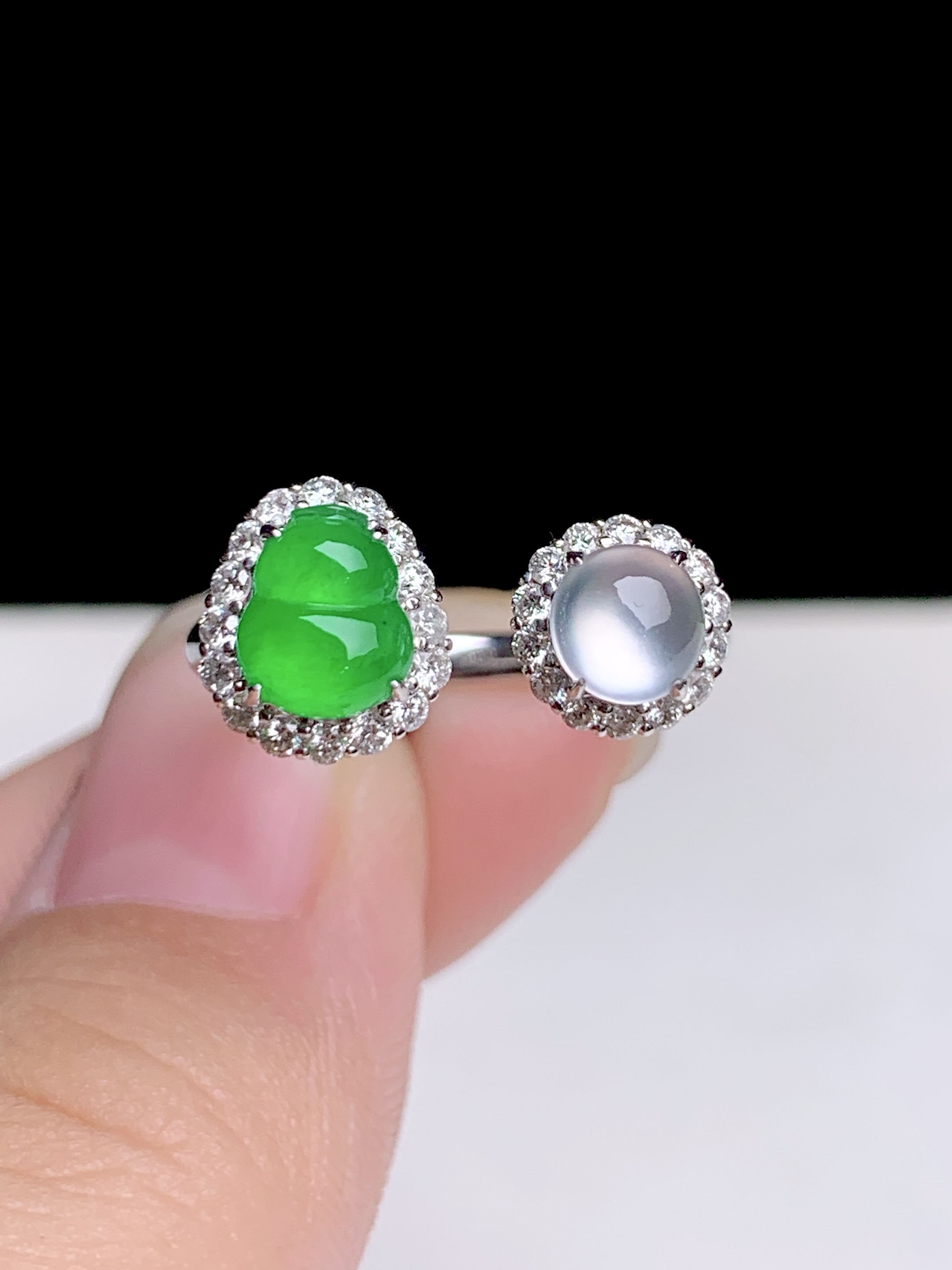 冰阳绿葫芦戒指，18k金钻镶嵌，9-7.5-6.5