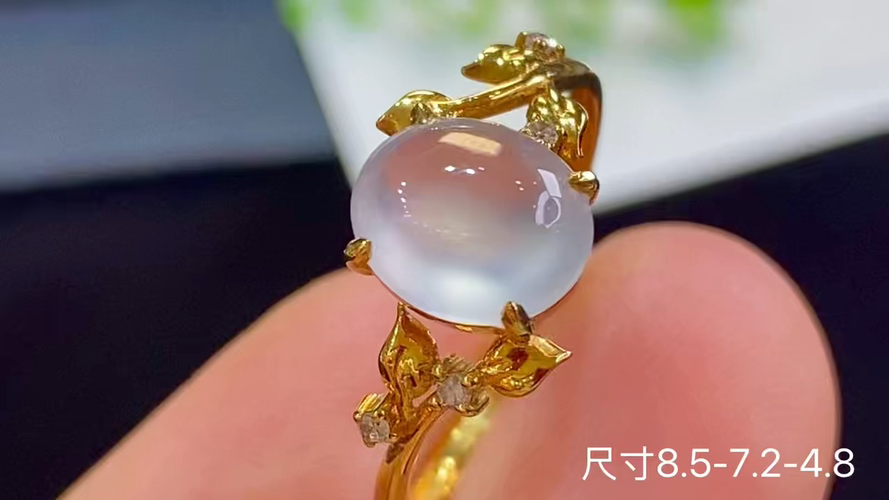18k金+钻玻璃种蛋面戒指，无暇，8.5-7.2-4.8