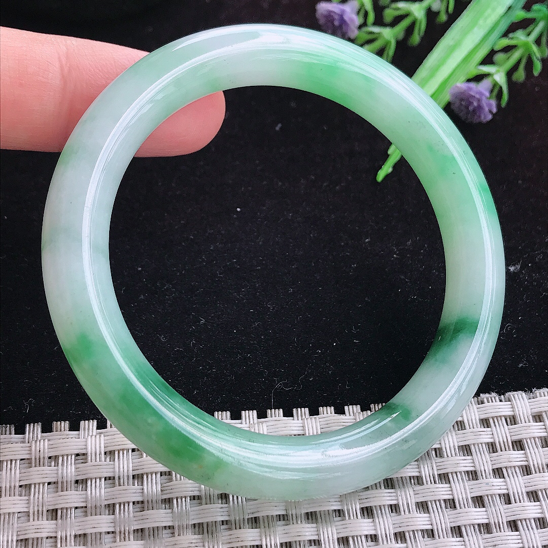 实拍A货翡翠53.5/9.5/9老坑冰胶飘花圆条手镯玉镯平安镯女款