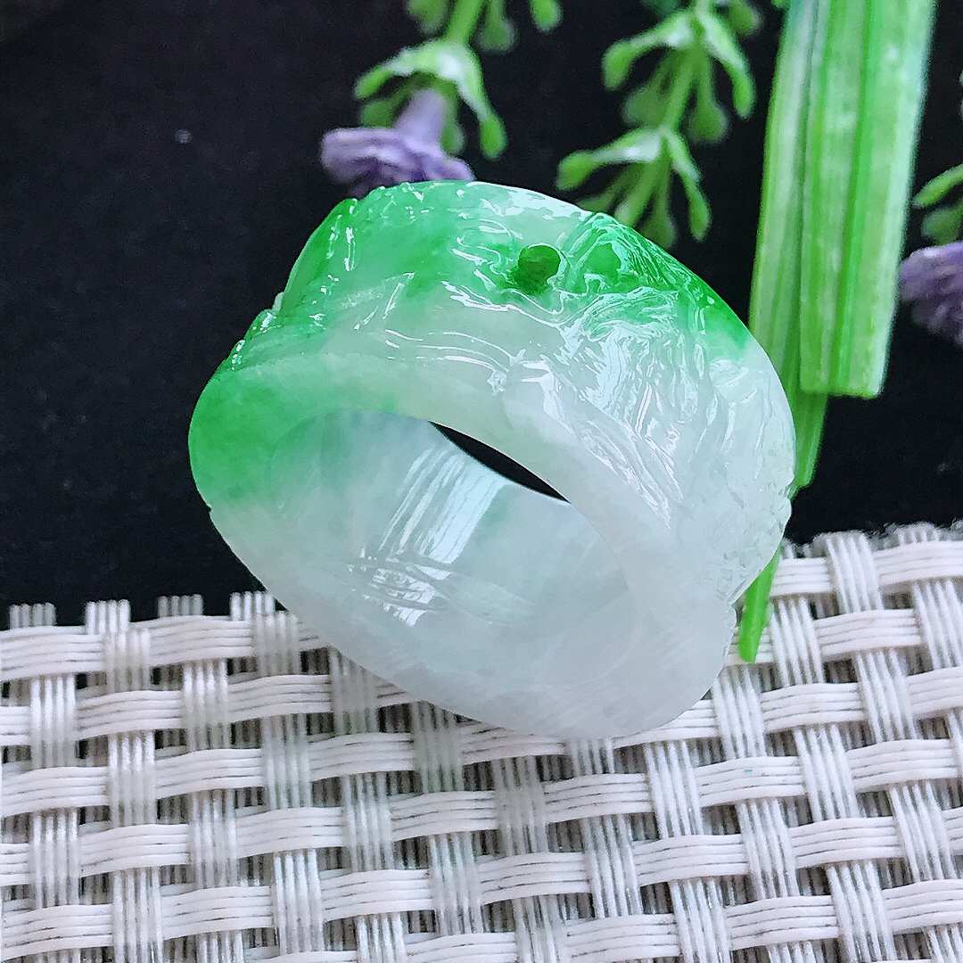 实拍A货翡翠20/12.8/5老坑冰润正阳绿山水扳指戒指翡翠玉指环