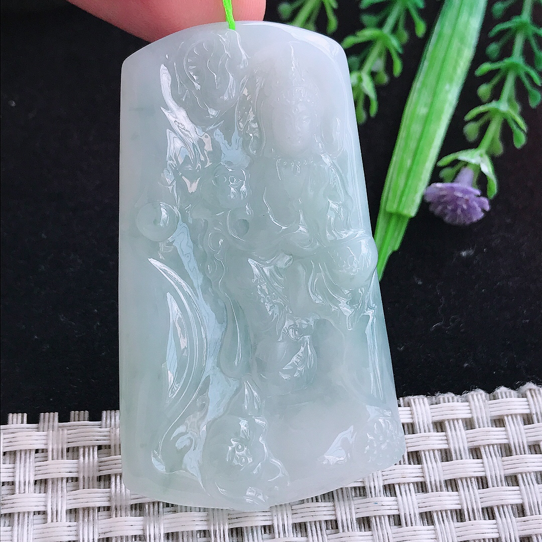 实拍A货翡翠61/36.5/5.8老坑冰润起胶晴底赐福观音吊坠翡翠玉观音