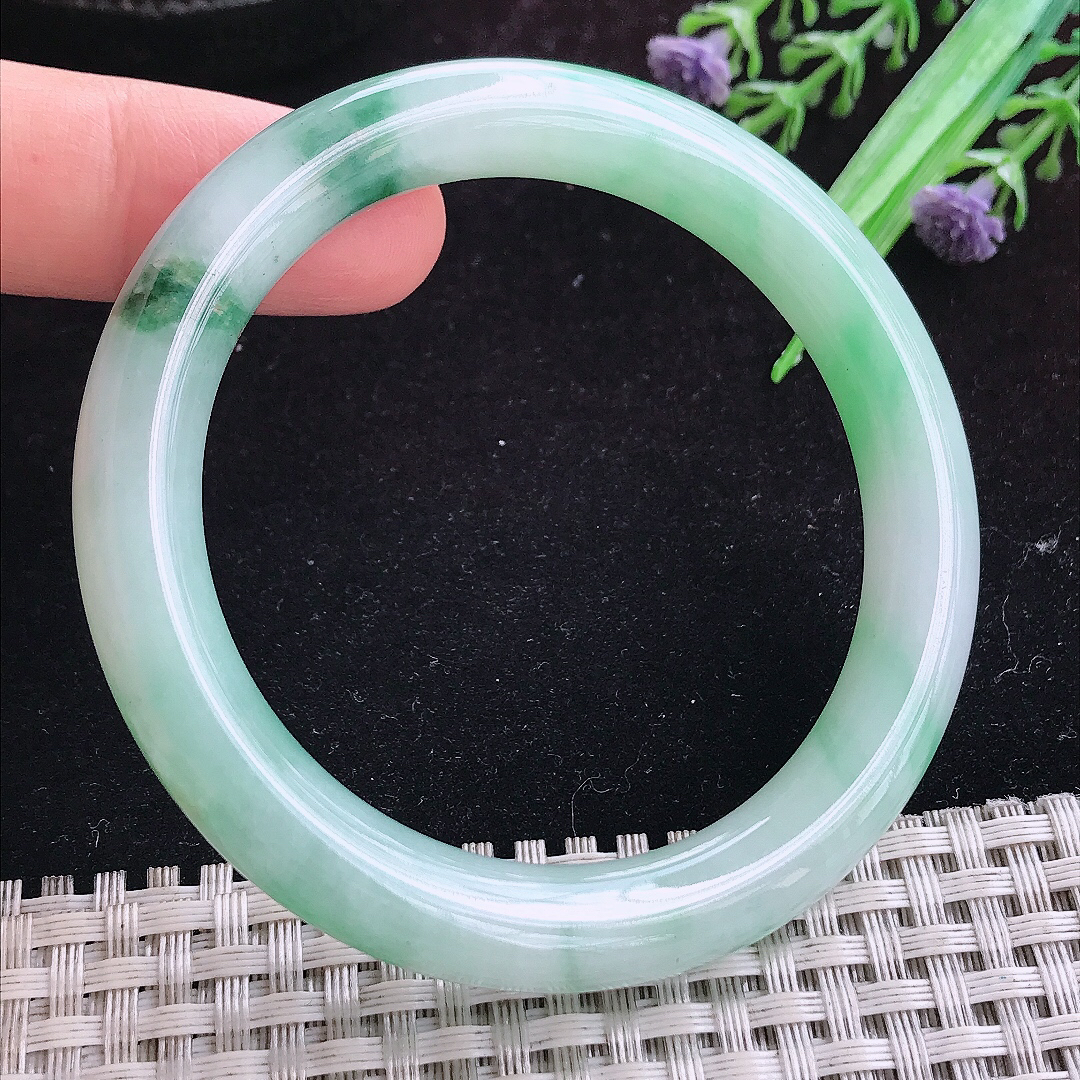 实拍A货翡翠53.5/9.5/9老坑冰胶飘花圆条手镯玉镯平安镯女款