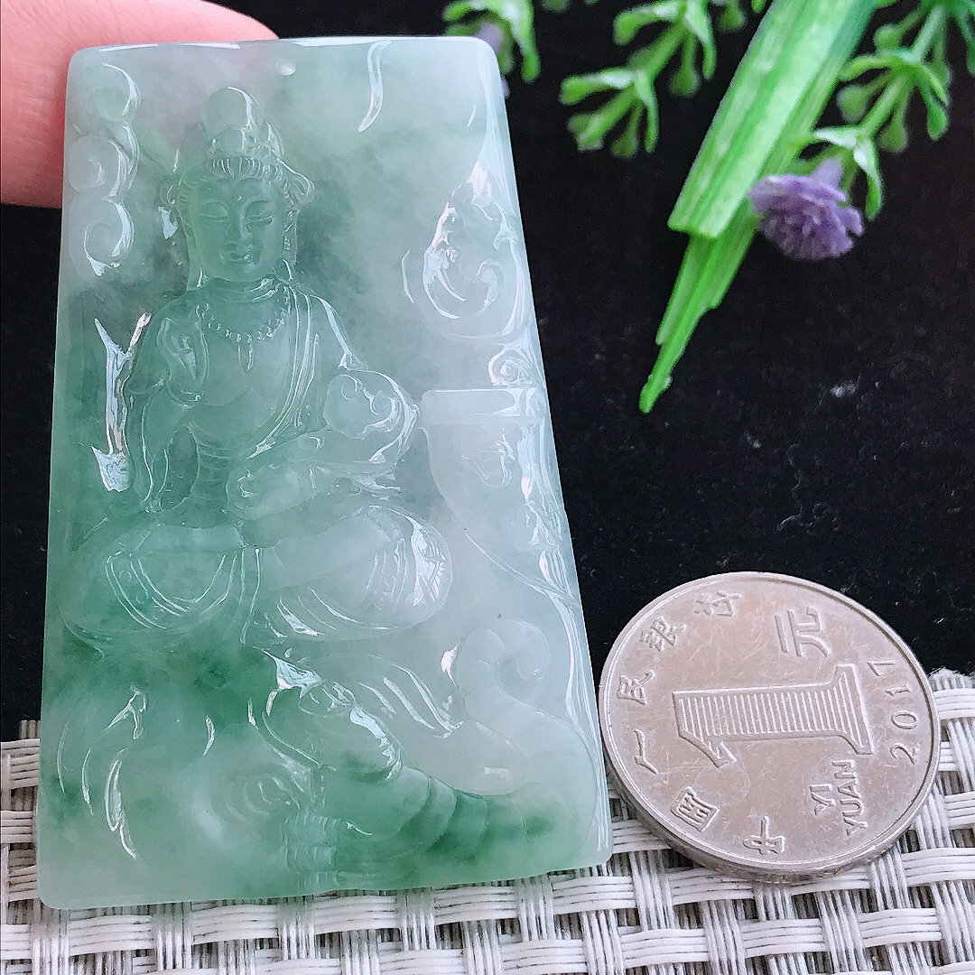 实拍A货翡翠58.5/39/5老坑冰润飘花普贤菩萨吊坠翡翠玉守护神挂件
