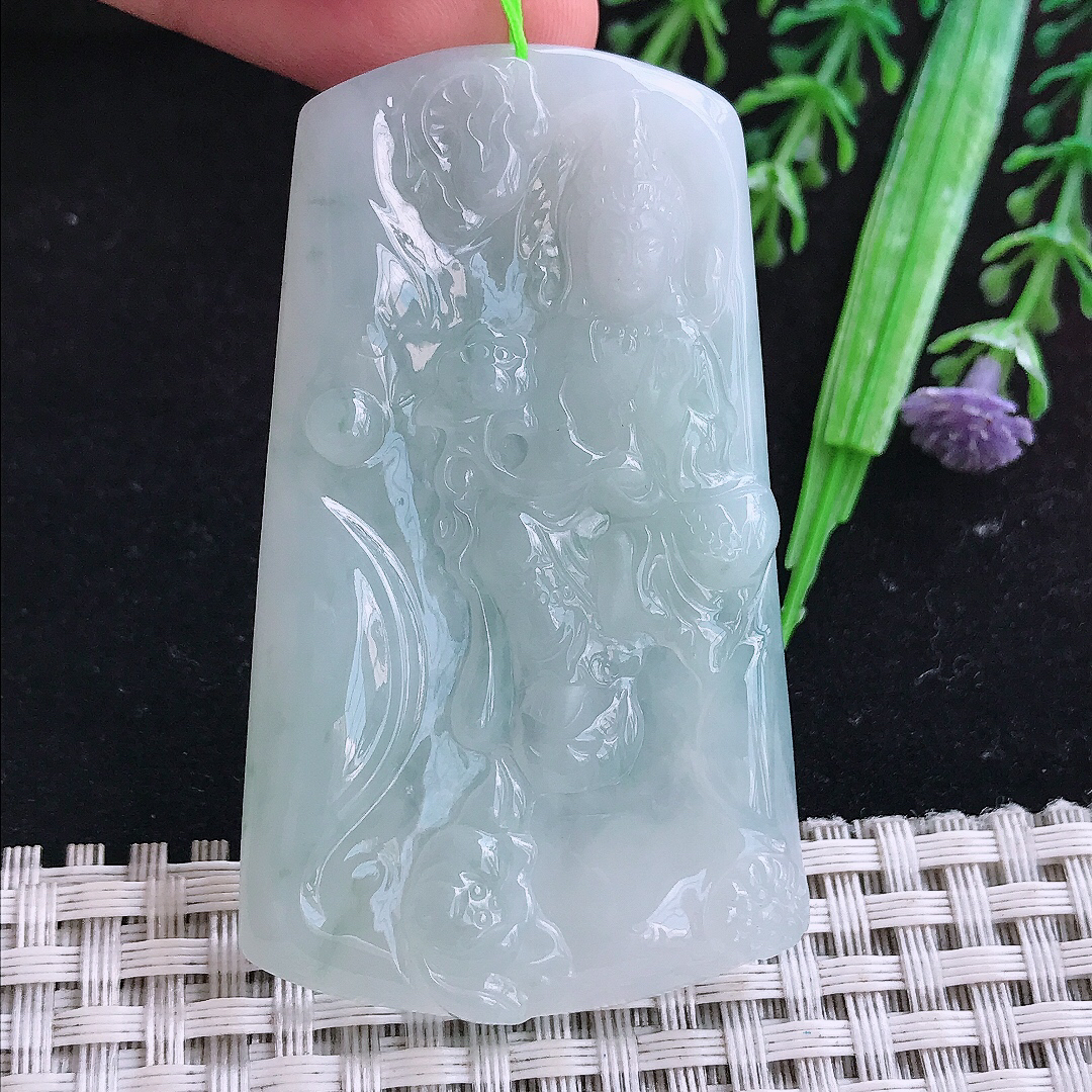 实拍A货翡翠61/36.5/5.8老坑冰润起胶晴底赐福观音吊坠翡翠玉观音
