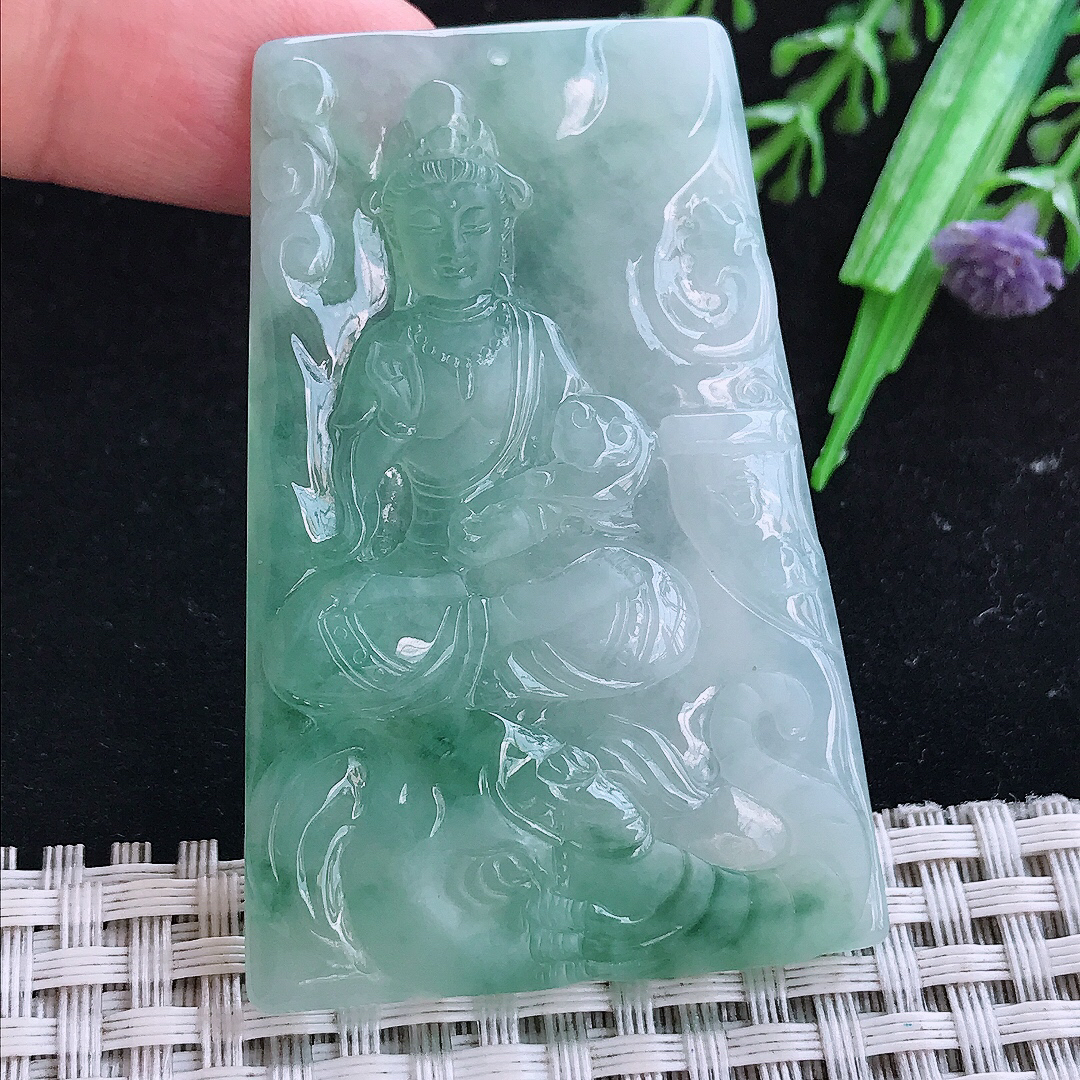 实拍A货翡翠58.5/39/5老坑冰润飘花普贤菩萨吊坠翡翠玉守护神挂件