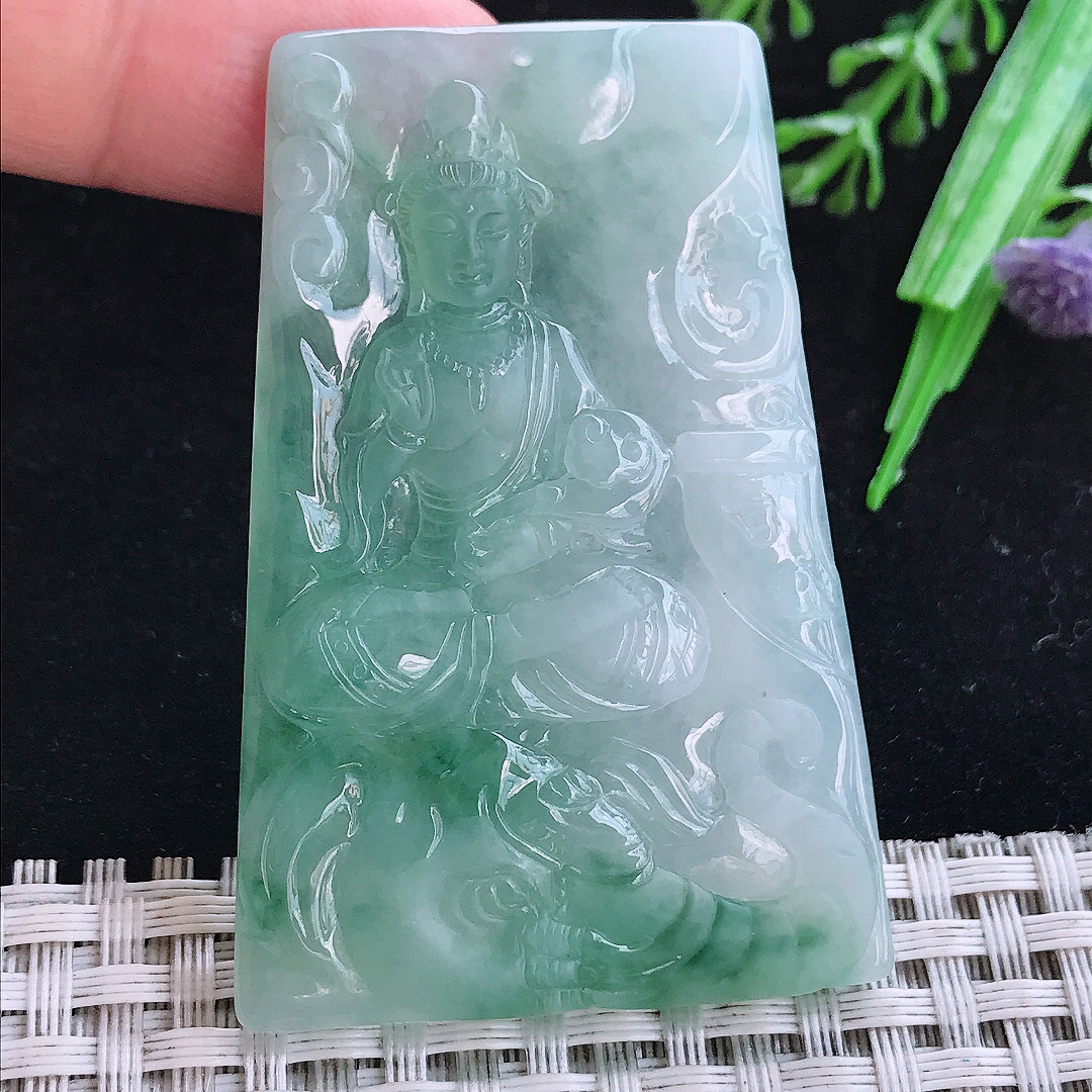 实拍A货翡翠58.5/39/5老坑冰润飘花普贤菩萨吊坠翡翠玉守护神挂件