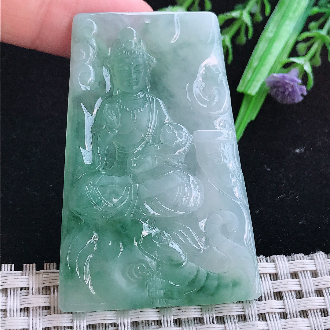 实拍A货翡翠58.5/39/5老坑冰润飘花普贤菩萨吊坠翡翠玉守护神挂件