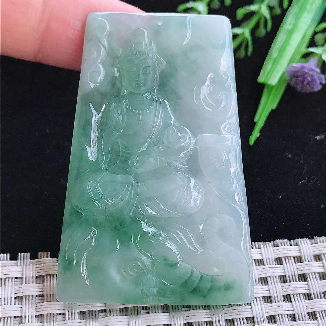 实拍A货翡翠58.5/39/5老坑冰润飘花普贤菩萨吊坠翡翠玉守护神挂件