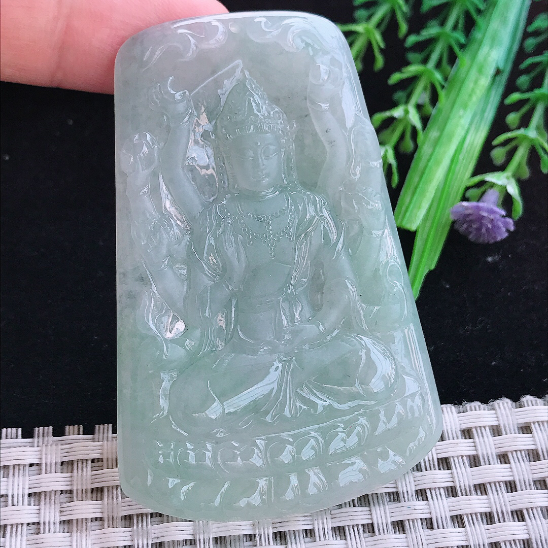 实拍A货翡翠68.5/45.5/5.5老坑冰润起胶晴底千手观音吊坠翡翠玉挂件