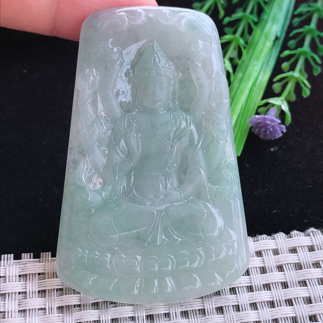 实拍A货翡翠68.5/45.5/5.5老坑冰润起胶晴底千手观音吊坠翡翠玉挂件