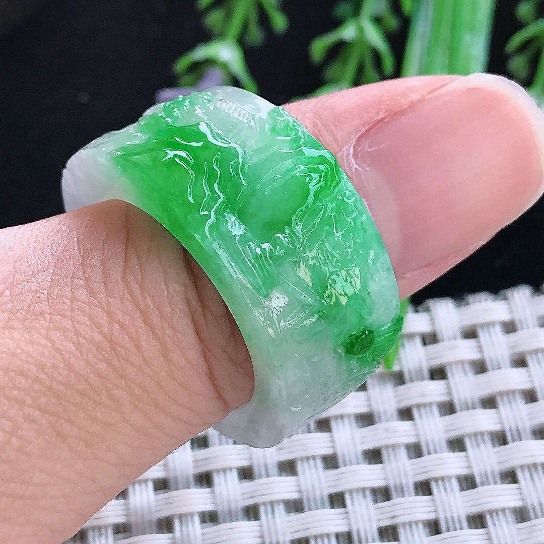 实拍A货翡翠20/12.8/5老坑冰润正阳绿山水扳指戒指翡翠玉指环