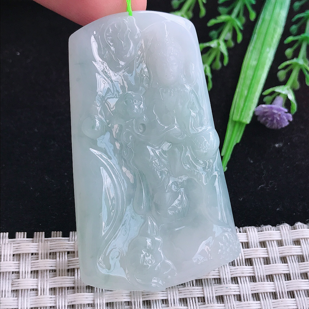 实拍A货翡翠61/36.5/5.8老坑冰润起胶晴底赐福观音吊坠翡翠玉观音