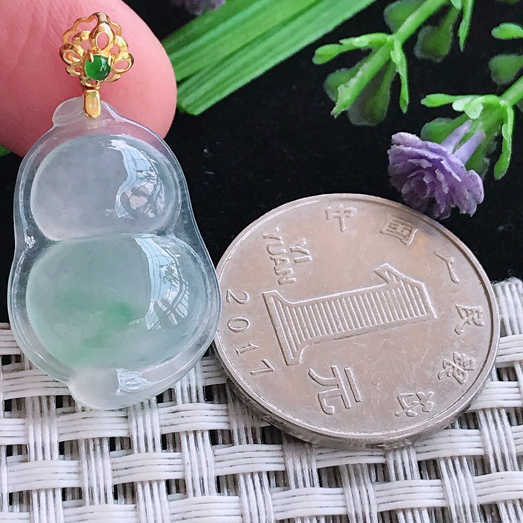 实拍A货翡翠25/17.4/5老坑18k金镶嵌冰种飘花葫芦吊坠翡翠玉挂件