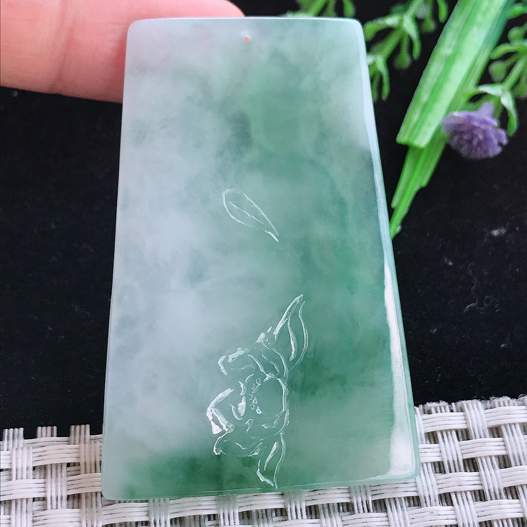 实拍A货翡翠58.5/39/5老坑冰润飘花普贤菩萨吊坠翡翠玉守护神挂件