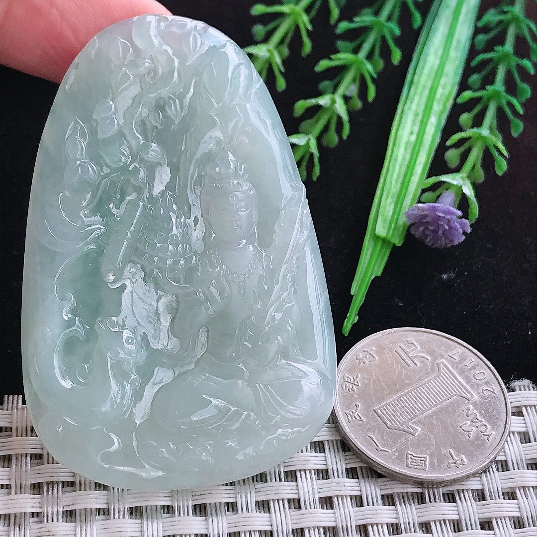 实拍A货翡翠63/41.5/6.8老坑冰胶晴底虚空藏菩萨吊坠翡翠玉挂件