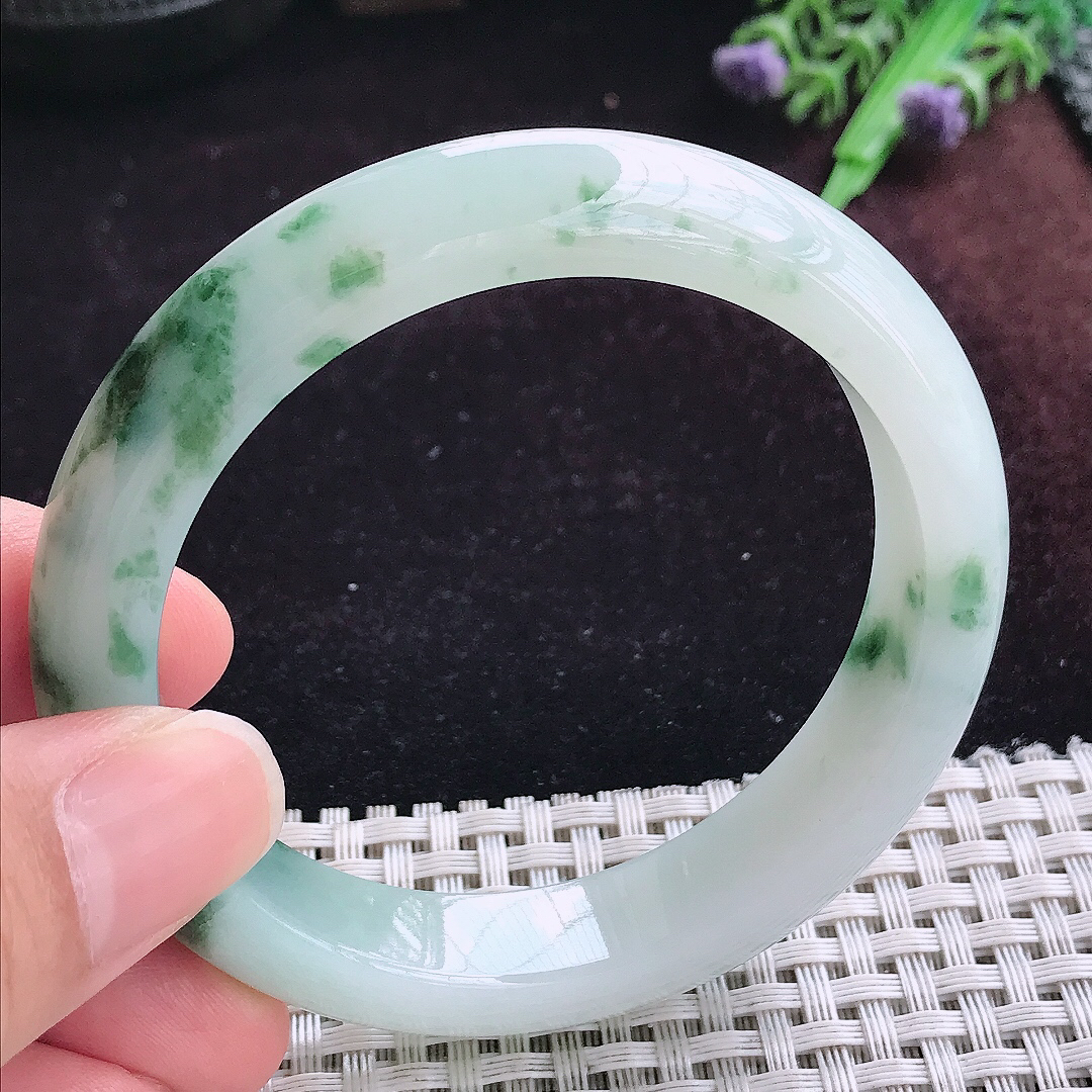 实拍A货翡翠56/12.3/8.6老坑冰胶冰飘花手镯宽边玉镯平安镯女款