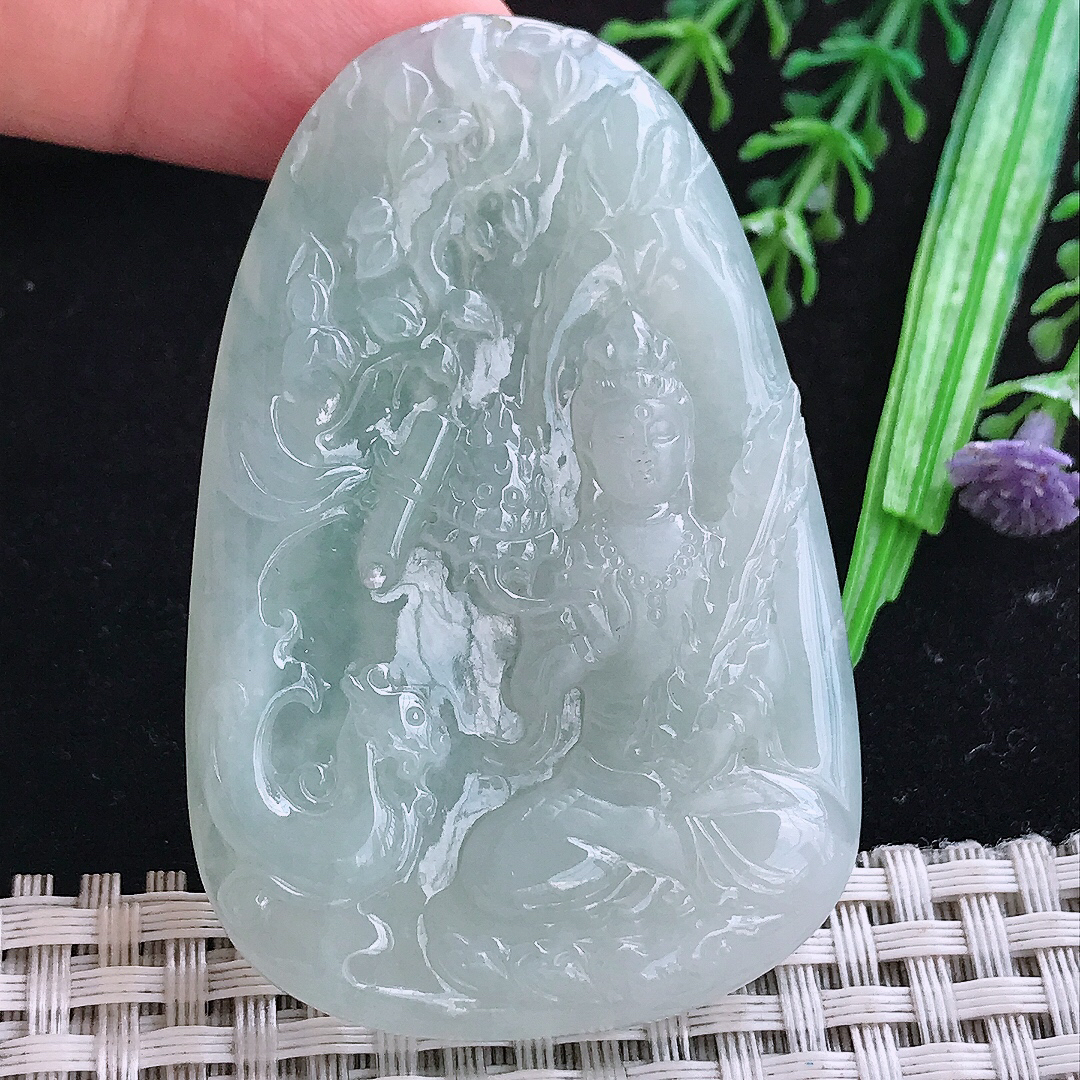 实拍A货翡翠63/41.5/6.8老坑冰胶晴底虚空藏菩萨吊坠翡翠玉挂件
