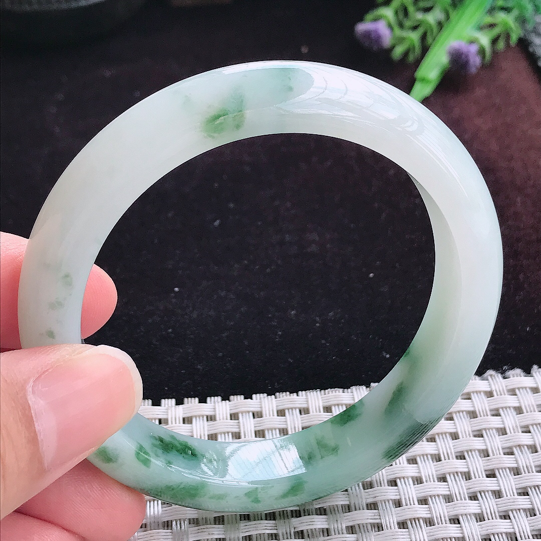 实拍A货翡翠56/12.3/8.6老坑冰胶冰飘花手镯宽边玉镯平安镯女款