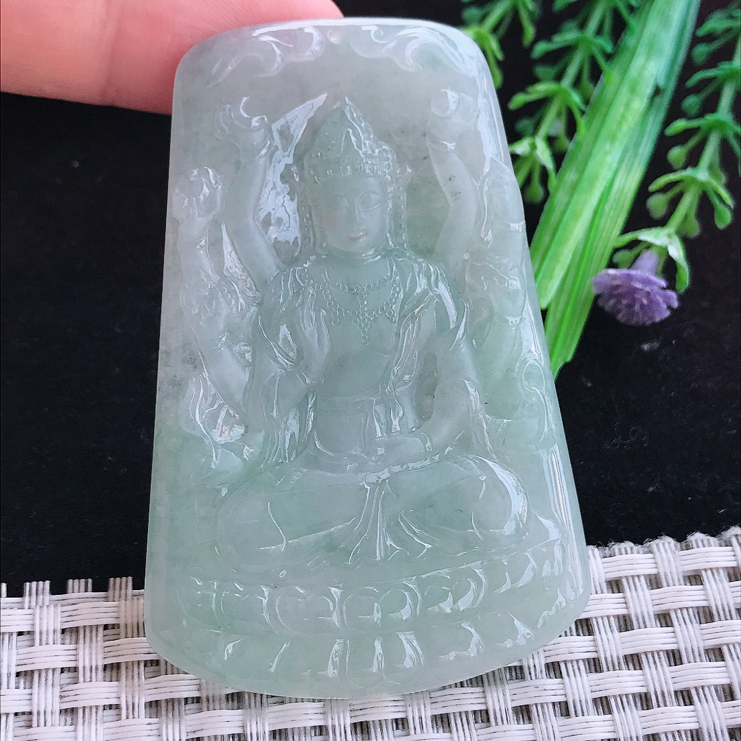 实拍A货翡翠68.5/45.5/5.5老坑冰润起胶晴底千手观音吊坠翡翠玉挂件
