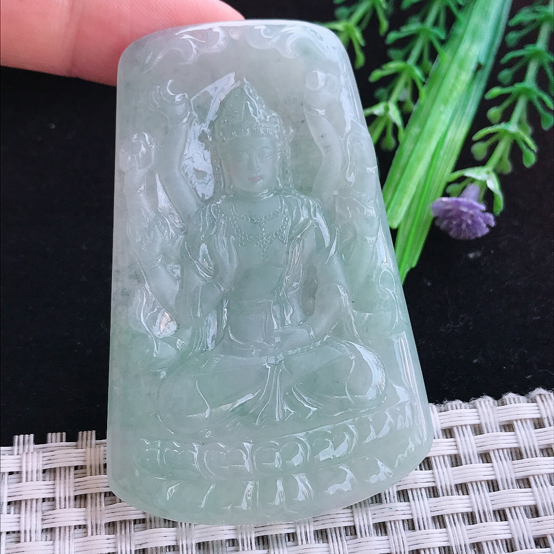 实拍A货翡翠68.5/45.5/5.5老坑冰润起胶晴底千手观音吊坠翡翠玉挂件