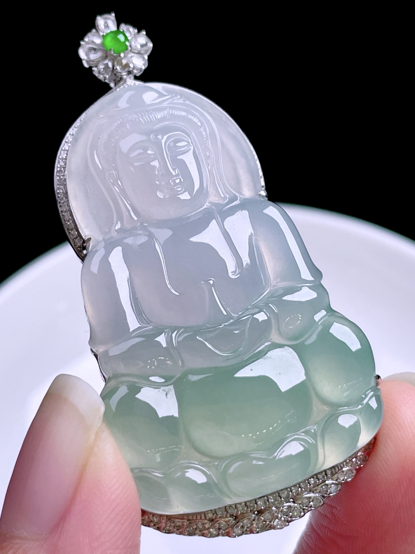 ️ 冰种晴水观音 冰润通透，种老起光，18k金镶嵌 整体：57/29/8.8 裸石：43.8/29