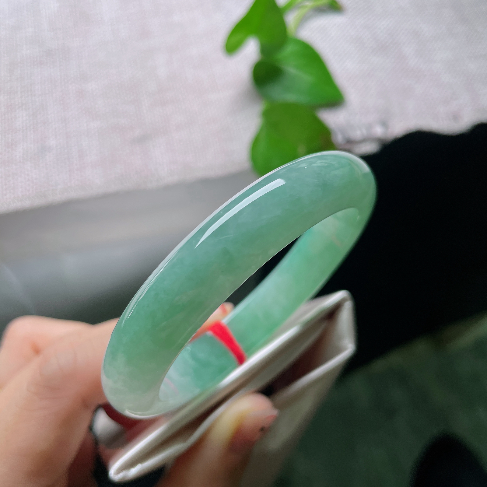 55.6/11.9/8.3，绿底正圈，完美，水头充盈莹润透亮，色调淡雅柔和，四季佩戴舒适清爽。ss57145a