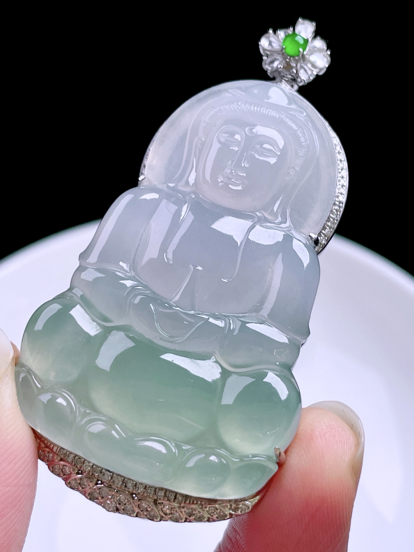 ️ 冰种晴水观音 冰润通透，种老起光，18k金镶嵌 整体：57/29/8.8 裸石：43.8/29