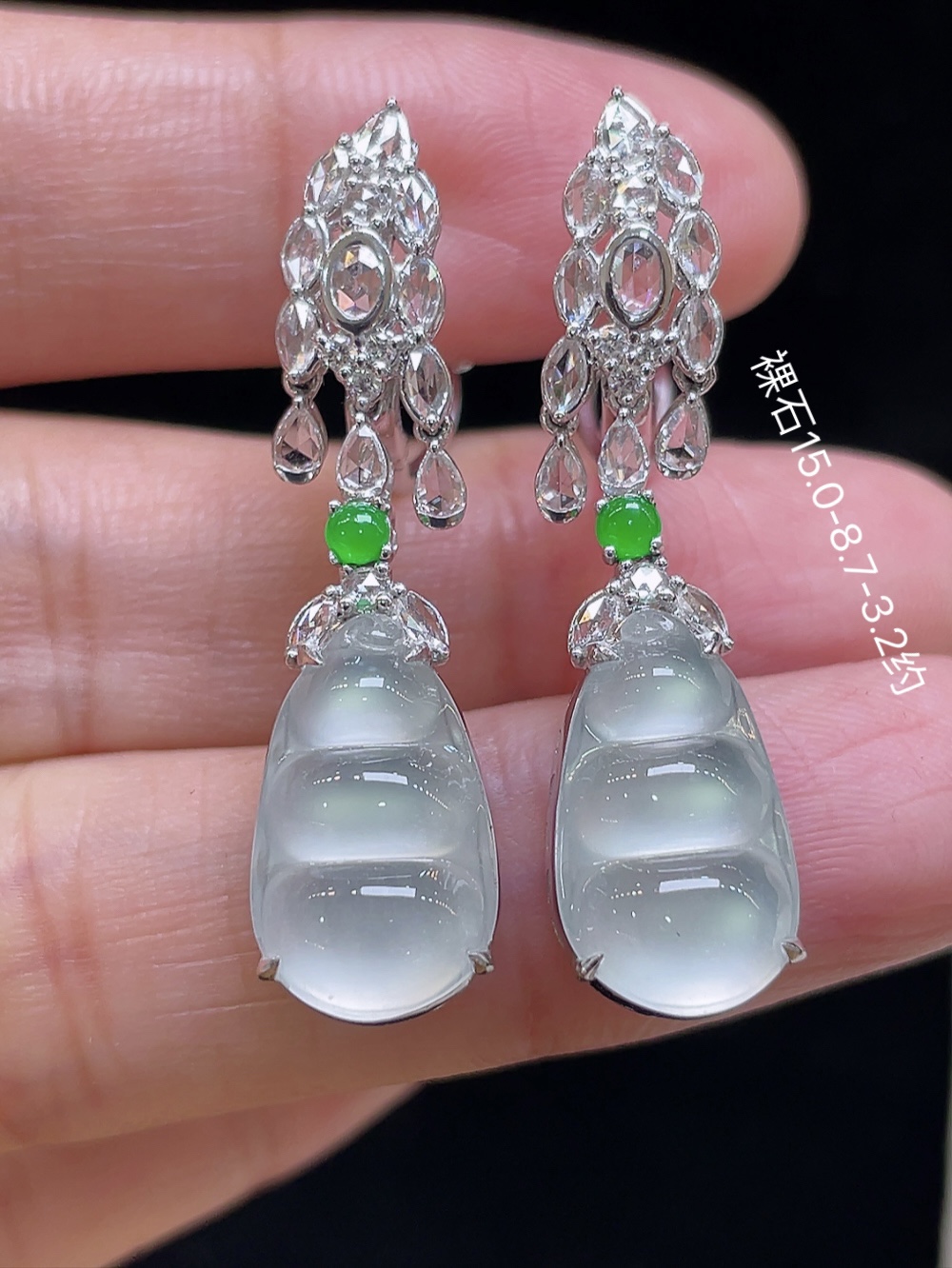 ️【高冰，福豆耳环】大件饱满，通透水润，玉质细腻，翠色鲜艳，18k金奢华钻石镶嵌️，15.0-8