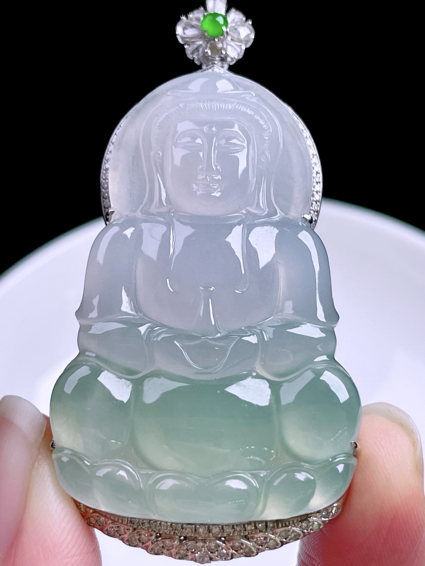 ️ 冰种晴水观音 冰润通透，种老起光，18k金镶嵌 整体：57/29/8.8 裸石：43.8/29