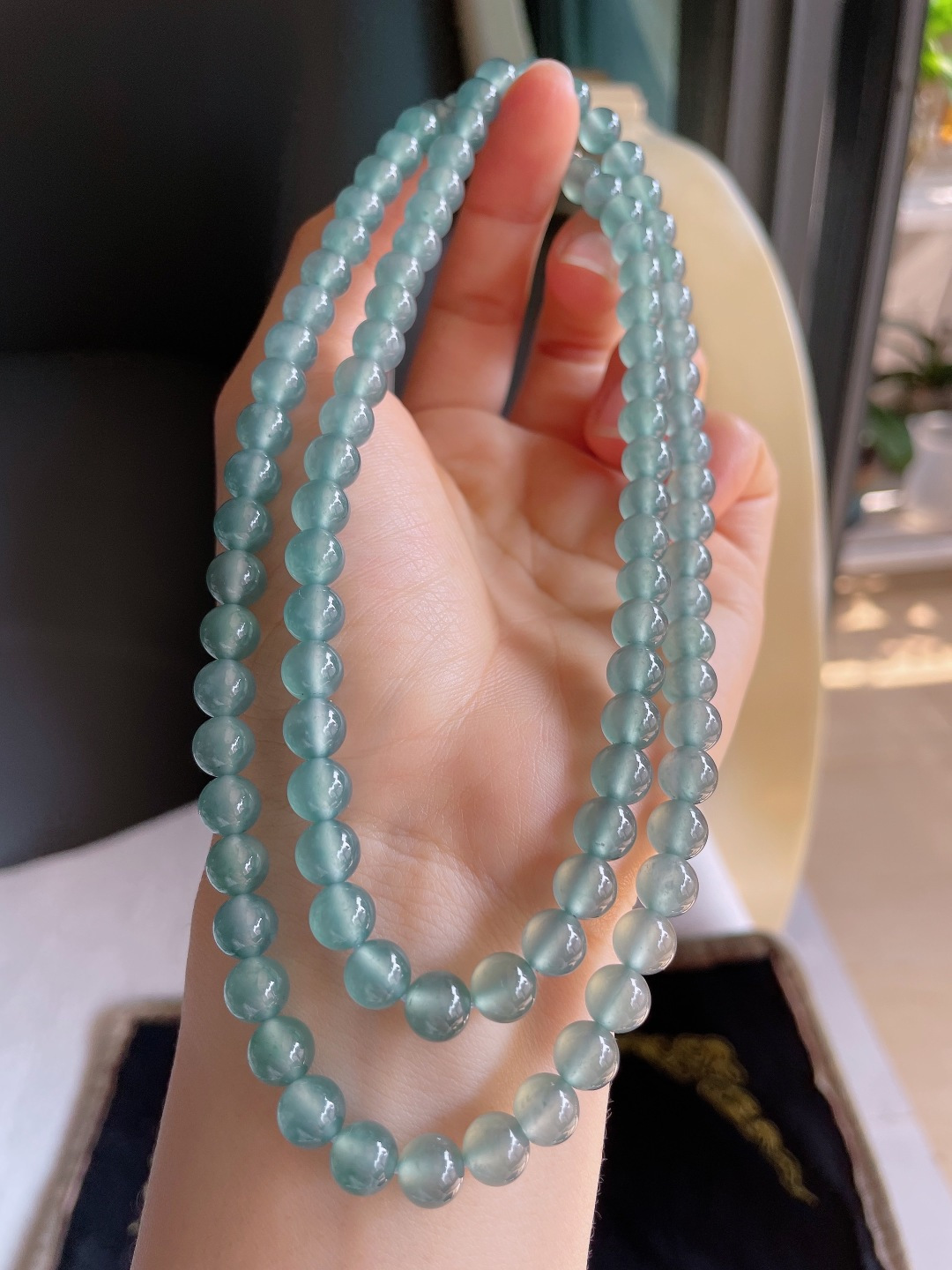 天然翡翠A货，冰蓝水珠链，尺寸：7mm97颗。