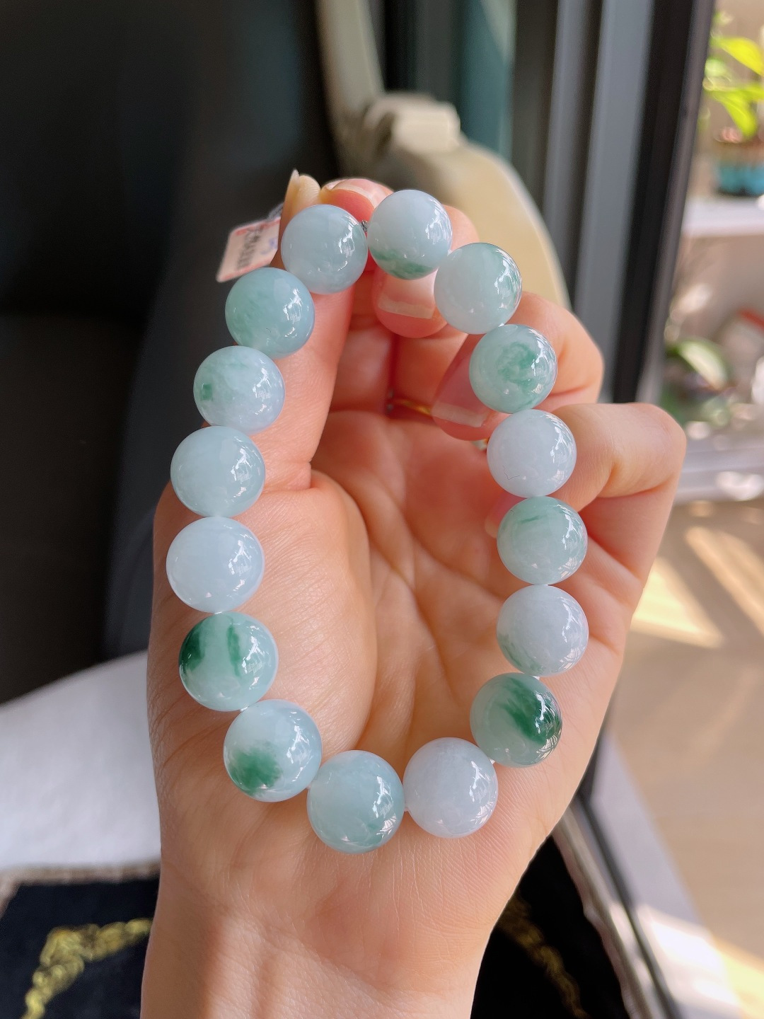 实，缅甸天然翡翠A货，冰飘花手串，尺寸：12.5mm。【编3823】