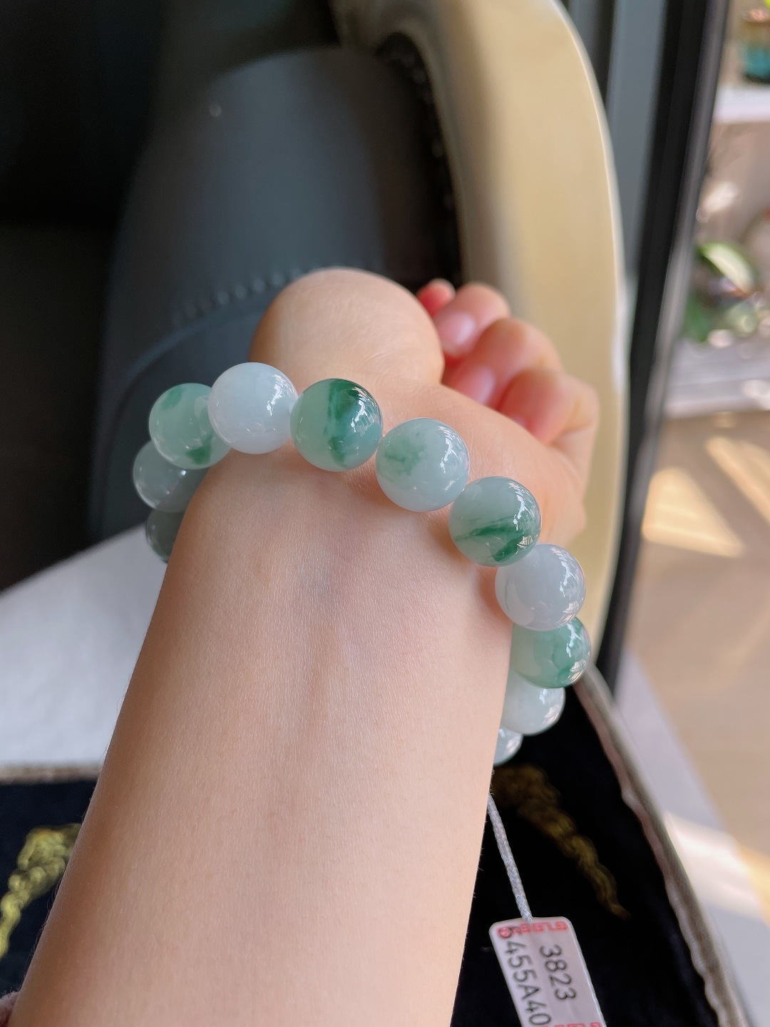 实，缅甸天然翡翠A货，冰飘花手串，尺寸：12.5mm。【编3823】