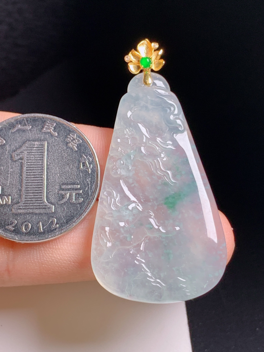 ️ 冰种飘花山水牌吊坠，雪花弥漫，雕工灵动，意境悠然 裸石43-24.5-5.1 整体50.6 081208