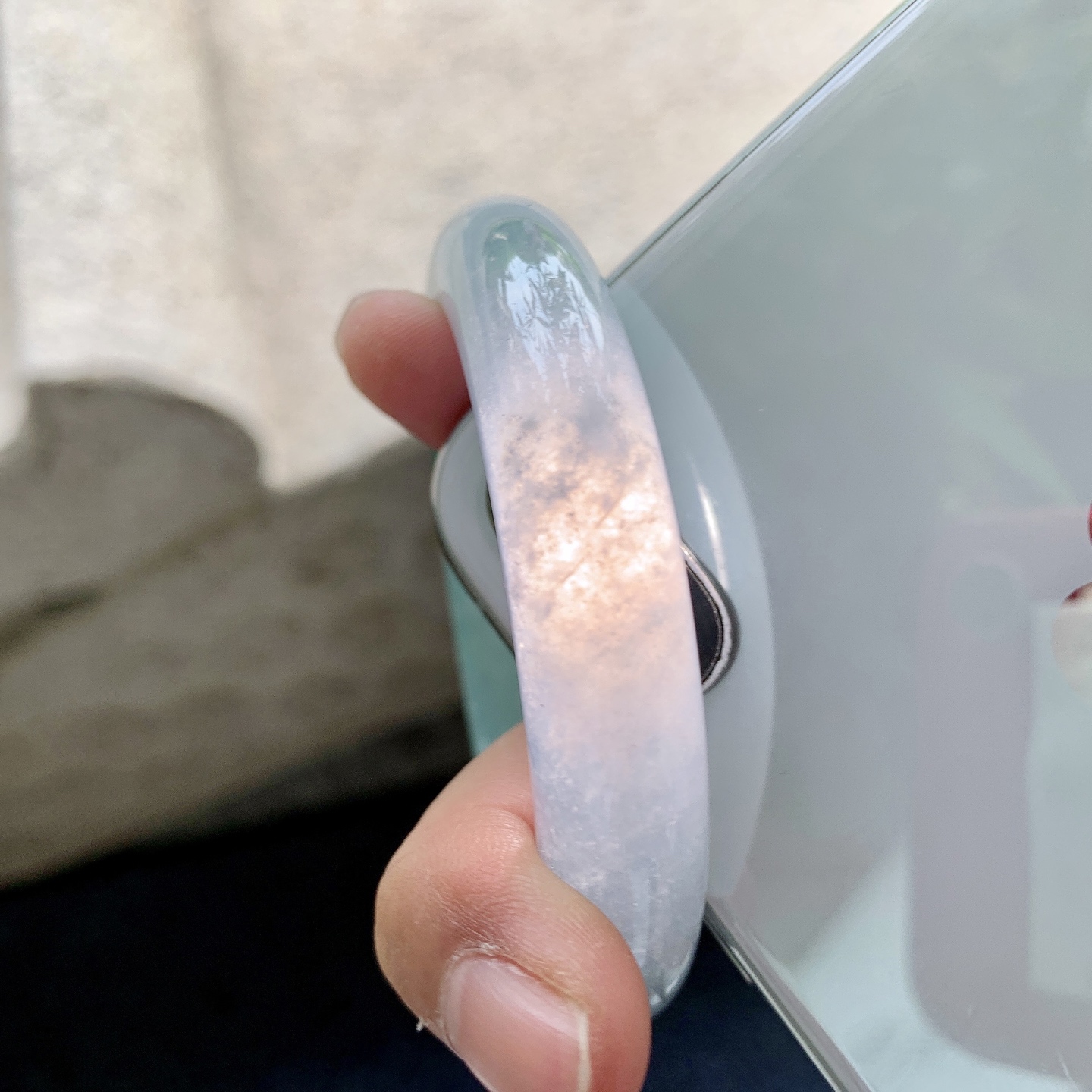正圈53 54，圈口54/11.3/8.2，编码BA081454，冰糯飘花，清透，水润，种老，细腻，打灯有絮线